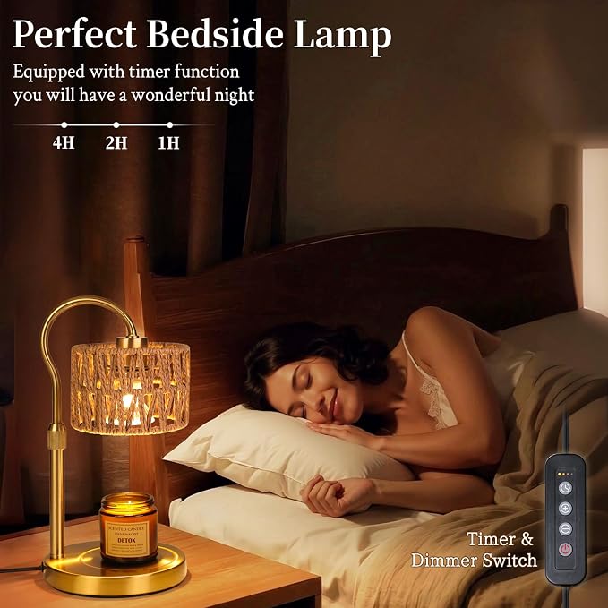 Candle Warmer Lamp,Adjustable Height with 2 Bulbs，Boho Rattan Candle Lamp with Dimmer & Timer, Flameless Fragrance Diffuser for Scented Wax Melts, Mothers Day and Birthday Gifts for Home, Office