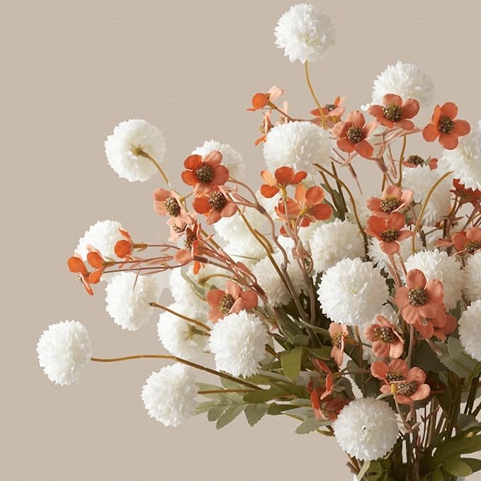 SilkSerenade White Silk Kiku Flower Arrangements with Eucalyptus & Umber Wild Flowers for Home Decor, Fake Flores Long Orange Tall Mums Earthy Rust Stems Artificial Floral Kitchen Dining Centerpieces