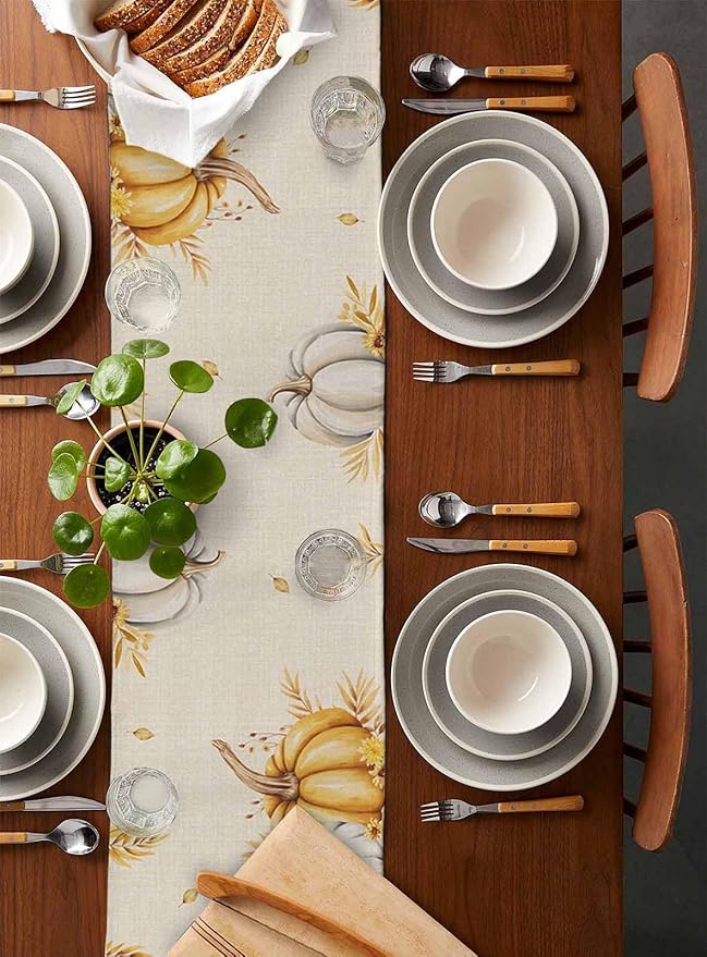 Fall Pumpkins Table Runner - 72 Inch Long, Grey Golden-yellow Pumpkin Thanksgiving Dining Table Runner Dresser Scarves, Maple Leaf Farm Harvest Decor for Coffee Table Wedding Party Banquet, 18x72 in