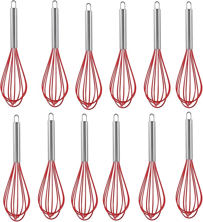 Silicone Whisk with Stainless Steel Handle, 10 inch Mini Wisk Balloon Kitchen Whisks Tool set of 12, Egg Beater Wisking for Cooking, Beating, Make Cake (Red)