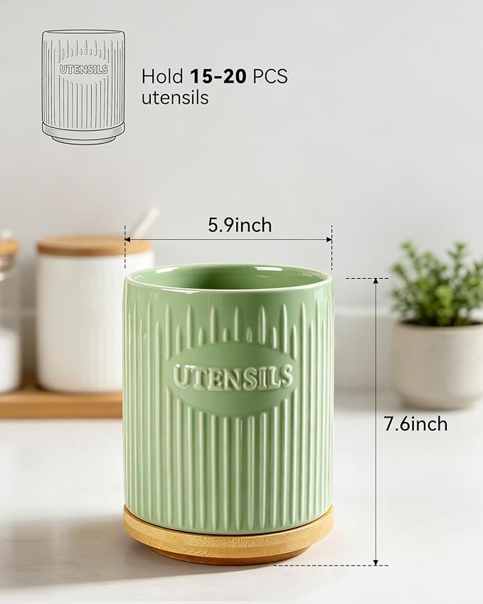 360° Rotating Utensil Holder, 7.6" Large Ceramic Kitchen Utensil Holder for Countertop with Rotatable Bamboo Base, Stable Cooking Utensil Crock, Farmhouse kitchen Decor, Green