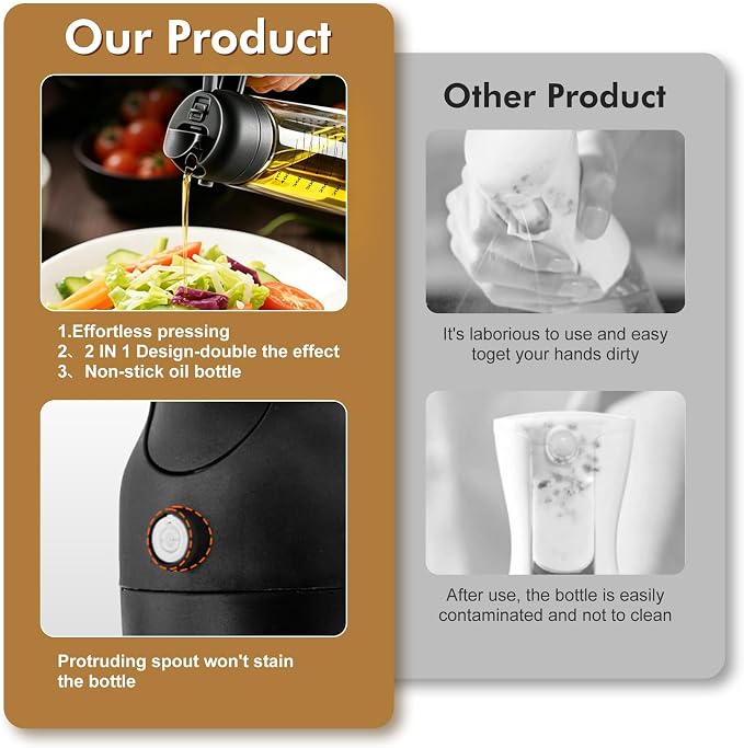 Poshetion 2 in 1 Olive Oil Sprayer for Cooking, 16oz Oil Dispenser for Kitchen, Leak-Proof Oil Spray Bottle for Air Fryer, Salad, BBQ, Baking, Grilling - Black & Black