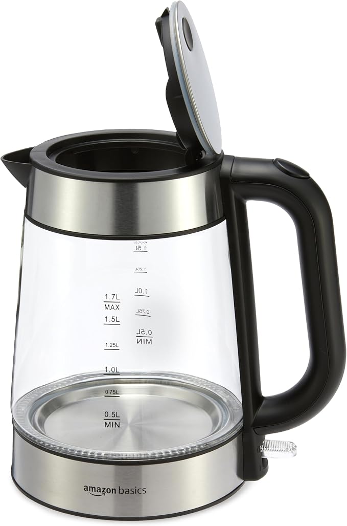 Amazon Basics Electric Kettle with Glass Carafe for Tea and Coffee, BPA-Free, Fast Boiling, Auto Shut-Off, Boil-Dry Protection, Water Level Indicator, 1.7 Liter, 1500W, Black and Silver