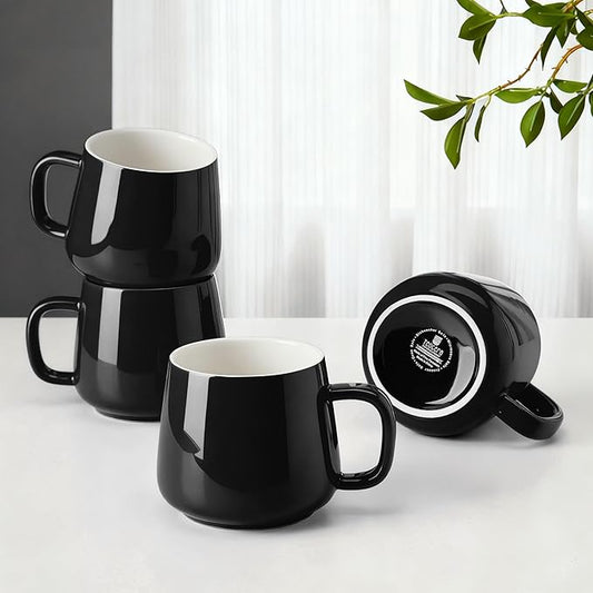 Teocera Ceramic Coffee Mug Set of 4-12 oz Coffee Mugs with Large Handles for Hot or Cold Drinks Like Latte, Cocoa, Tea or Juice - Smooth Ceramic, Dishwasher Safe，Black