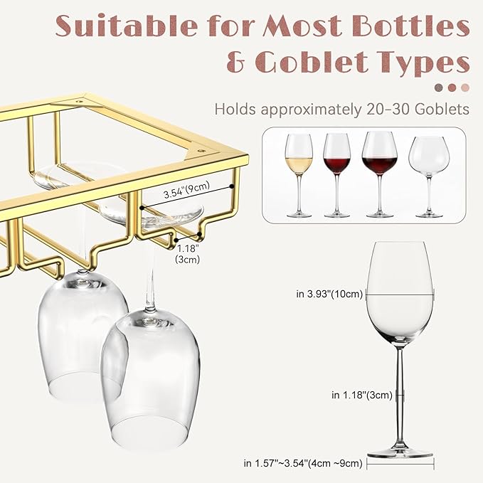 Xverycan Wine Glass Rack Under Cabinet, 12 Row Extreme Large Stemware Hanger, Metal Wine Goblet Holder, DIY Bar Glass Storage Rack for Bar Counter, Kitchen, Screws Included (Gold)