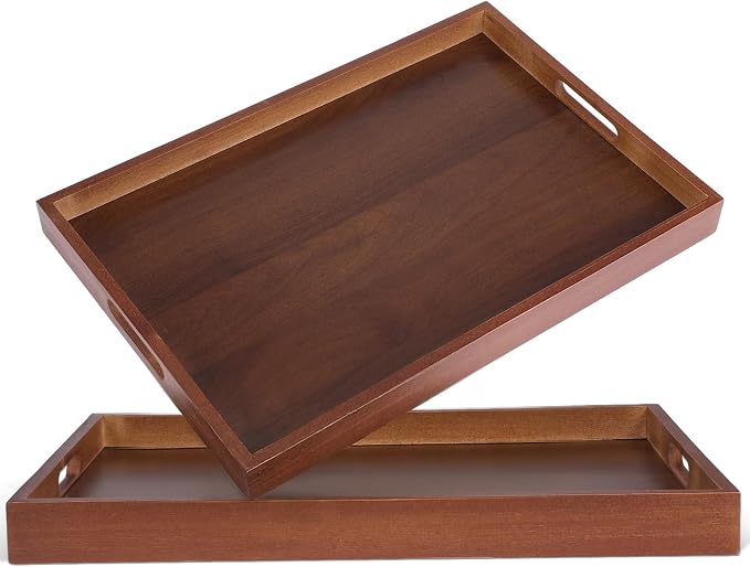 2 Pcs 17 Inch Acacia Wood Serving Trays with Handles, Large Wooden Tray Platter for Ottoman, Breakfast in Bed, Coffee Table, Decorative Rectangular Tray for Living Room Bedroom Kitchen