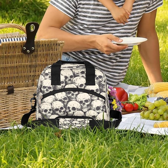 Halloween Skull Skeleton Insulated Lunch Bags for Women Girls Adult Ethnic Reusable Lunch Tote Therma Cooler Bag with Shoulder Strap Lunch Box for School Work Office Picnic Meal Prep Bag