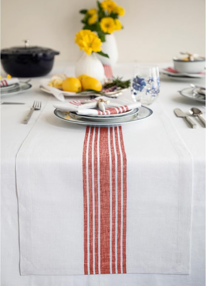 Solino Home Stripe Linen Table Runner 120 Inches Long - 100% Pure Linen Red and White Farmhouse Table Runner 14 x 120 Inch for Dining, 4th of July