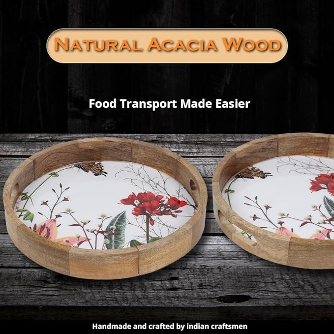 Zenith’s Decor Handmade Wooden Round Shape Tray for Serving Snacks, Appetizer Plate, Multipurpose Breakfast, Coffee Table 32 cm Diameter