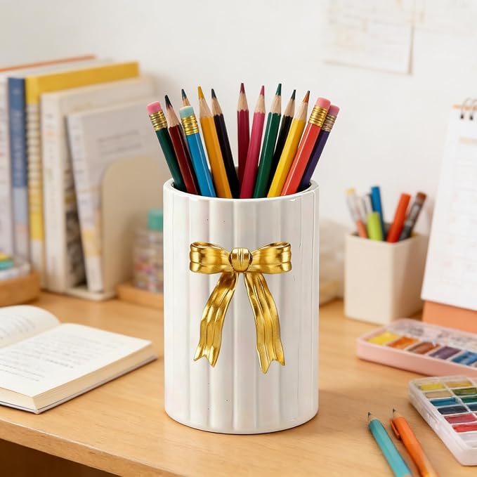 Handmade Ceramic Utensil Holder, Gold Bow 3D Coquette Cooking Utensil Crock with Scalloped Edge, Kitchen Vintage Retro Storage Caddy Organizer, Vase Decor Graduation Gift for College Students