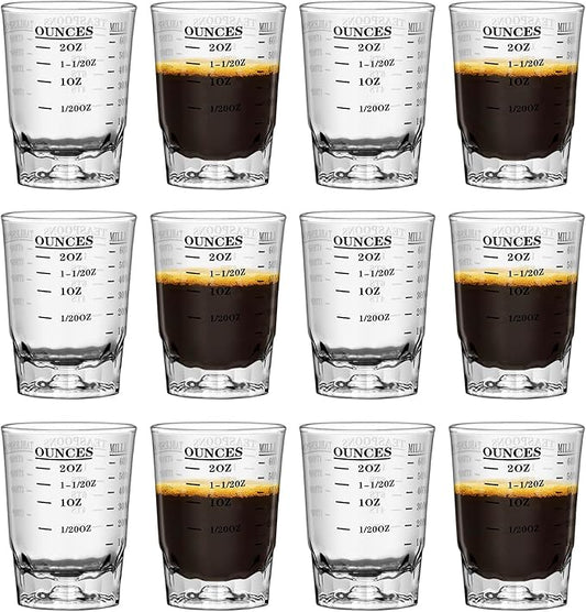 12Pcs 2 OZ 4 Features Shot Glasses Measuring cup Liquid Heavy Glass Wine Glass Espresso Shot -Incremental Measurement Heavy 60ML (12)