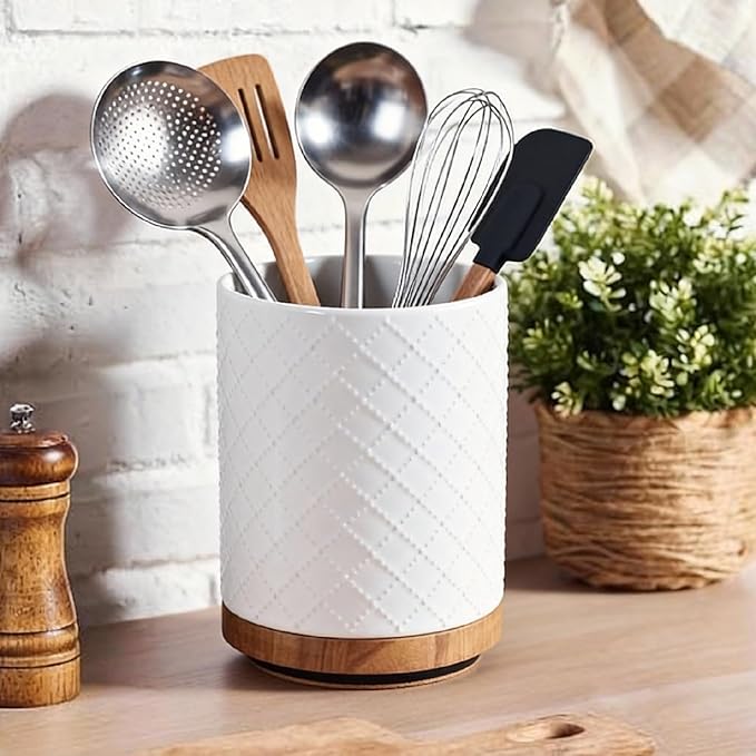 360° Rotating Kitchen Utensil Holder, 8.1" Large Utensil Crock, White Cooking Utensil Holder for Countertop with Countertop-Protection Cork Bottom for Farmhouse Kitchen Decor Christmas Gift