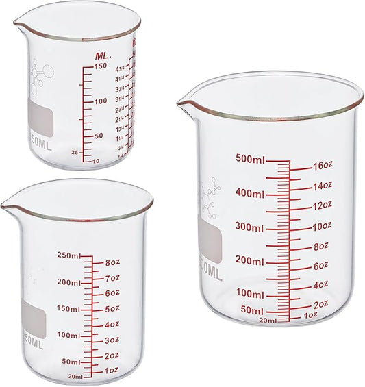 3 Piece High Borosilicate Glasss Liquid Measuring Cups, Includes 150ml(5OZ),250ml(8OZ),and 500ml(16OZ), Dishwasher, Freezer, Microwave, and Preheated Oven Safe, Essential Kitchen Tools