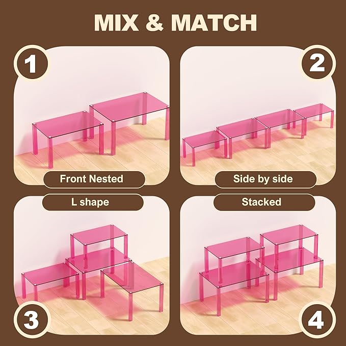 Acrylic Cabinet Organizer, Set of 4 Stackable Spice Rack for Kitchen Organizer Storage Countertop Spice Organization for Cabinet Display Shelves(Pink)