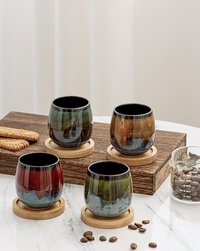 2.7 Oz Mini Espresso Cups Set of 4, Colorful Ceramic Demitasse Cups with Bamboo Coasters, Unique Glaze Mugs for Turkish Coffee, Macchiato, Espresso Martini, Dessert, Dishwasher & Microwave Safe