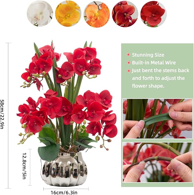 CXGS Artificial Orchid Flower Real Touch Faux Orchids in Ceramic Vase Large 22.9'' Fake Flowers Red Phalaenopsis Floral for Home Indoor Decor