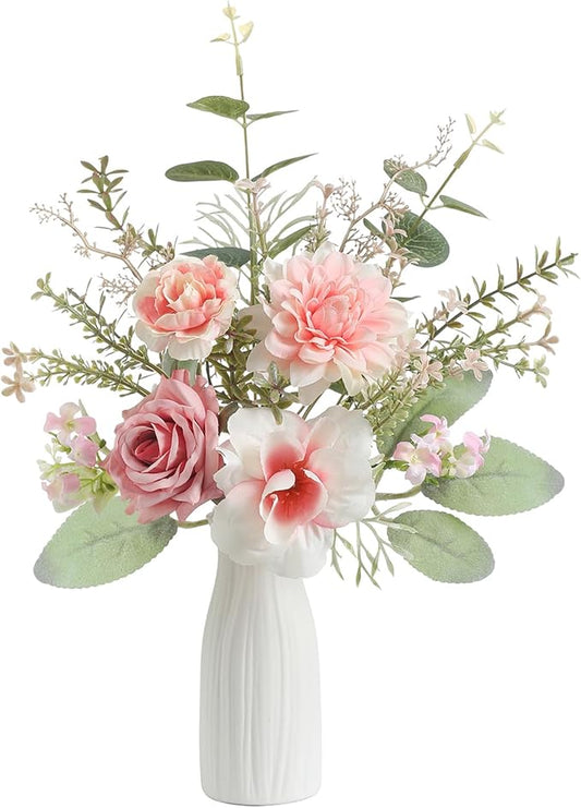 Small 11" Artificial Flowers in Ceramic Vase - Pink Silk Flower Centerpiece for Dining Table, Office, Wedding & Farmhouse, Home Decor Gifts