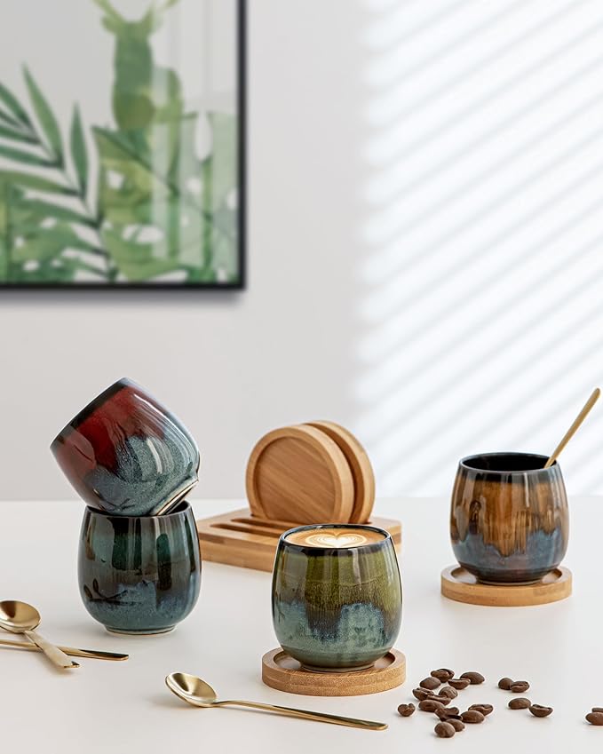 2.7 Oz Mini Espresso Cups Set of 4, Colorful Ceramic Demitasse Cups with Bamboo Coasters & Spoons, Unique Glaze Mugs for Turkish Coffee, Macchiato, Espresso Martini, Dishwasher & Microwave Safe