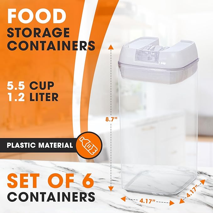 Cheer Collection Airtight Food Storage Containers, Kitchen Storage Containers for Pantry, Set of 6 Food Containers with Lids Airtight, Pantry Storage Containers & Organizers with Lids, 12L, White