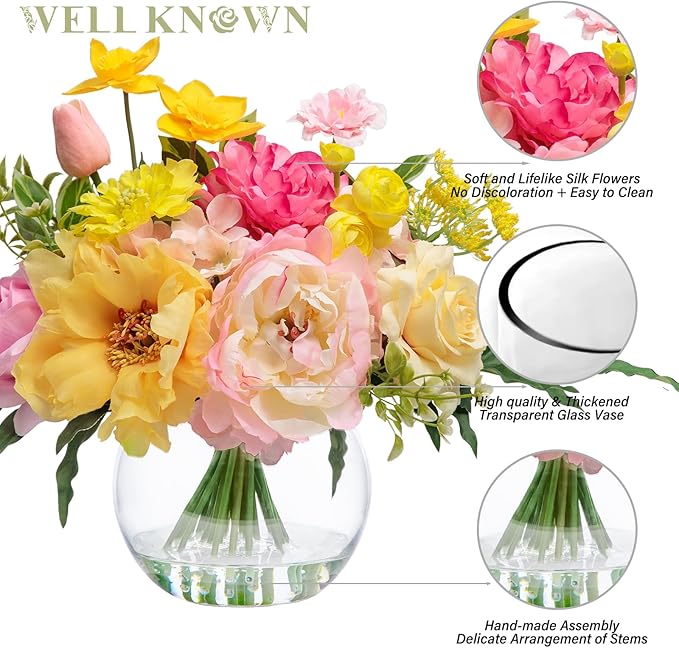 WELL KNOWN Artificial Flowers Centerpieces in Glass Vase with Fake Water, Yellow & Hot Pink Silk Rose Peony & Fake Tulips Bouquet for Birthday Party Wedding Dining Table Office Decor & Mom's Gift