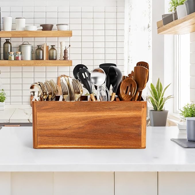Extra Large Utensil Holder for Kitchen Counter, Acacia Wooden Utensil Holder with 4 Compartment, Kitchen Counter Organizer for Storage Spatula and Silverware, Ideal Christmas Gift for Farmhouse Decor