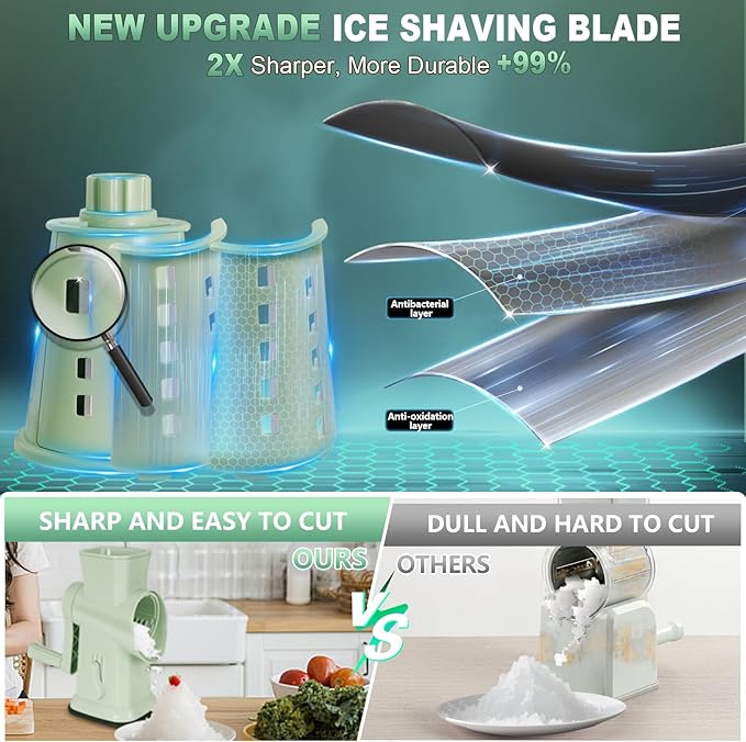 2025 Upgrade 6-In-1 Cheese Grater【 Military-Grade SUS304 Blade - 3S Fast Cut】【SGS Certification - German Nano Strong Suction Base】Cheese Grater Hand Crank Suitable for Home Use (Green 1)