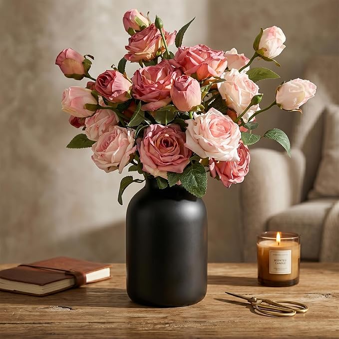 Artificial Flowers with Matte Black Metal Vase, 18 Heads Silk Roses,Faux Flowers for Centerpieces,Modern Farmhouse Decor Home Decor, Tabletop Decorations for Party, Kitchen Dining Coffee Table Decor
