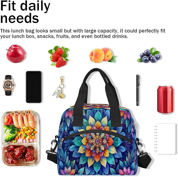 Pardick Blue Flower Mandala Insulated Lunch Bag for Women Girl Reusable Lunch Tote Box With Shoulder Strap Lightweight Thermal Cooler Meal Prep Bag for Work School Office Picnic