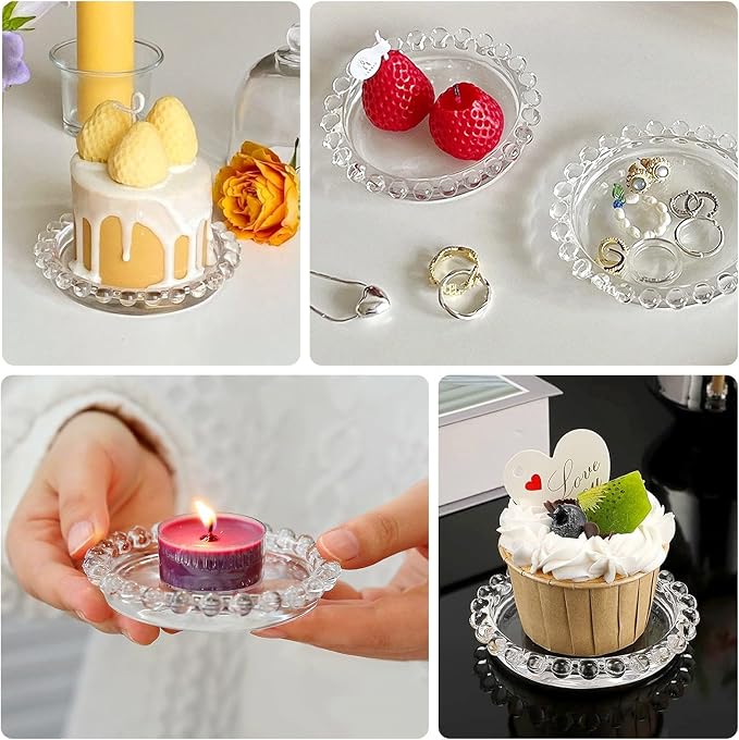 Efavormart 6 Pack Clear Glass Pillar Candle Holder Plates with Beaded Rims, Transparent Small Round Coasters Candle Trays - 4"