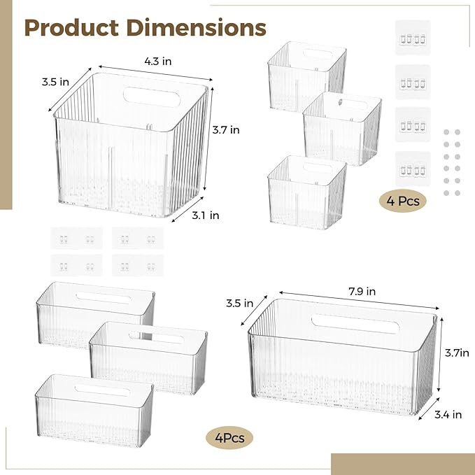 yeesport 8 PCS Cabinet Door Organizer Bins, Clear Plastic Wall Mount Hanging Storage Baskets with Adhesive Hooks, Bathroom Fridge Kitchen Pantry Under Sink Drawer Organizer with Drain Holes