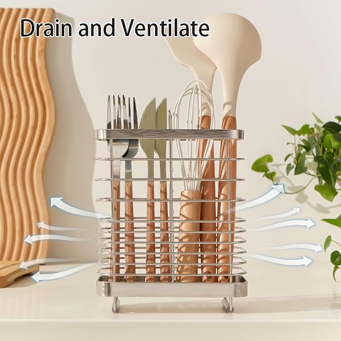 Kitchen Utensil Drying Rack, 18/8 Stainless Steel Chopsticks Spoon Fork Knife Basket Flatware Storage Drainer, Cutlery Holder for Kitchen Counter （6.1x2.95x6.5 inch）