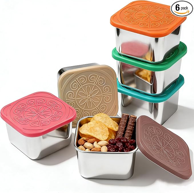 Snack Box Containers - 6 Pack 6oz Reusable Small Snack Containers with Silicone Lids, 304 Stainless Steel Metal Stackable Food Storage Cups, Salad Dressing Dipping Sauce for Travel, Picnic