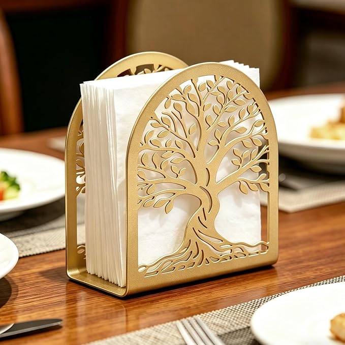 Napkin Holder for Table, Tree of Life Decorative Metal Napkin Dispenser for Kitchen Dining, Countertop, Coffee Bar Tabletop Decor, Restaurant and Outdoor Use Gold
