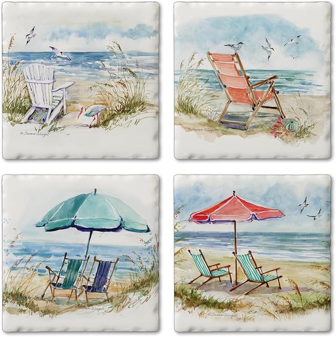 Thirstystone Coastal Moments 4 Pack Assorted Tumbled Tile Stone Coasters with Protective Cork Backing Manufactured in The USA Absorbent Easily Wipes Clean