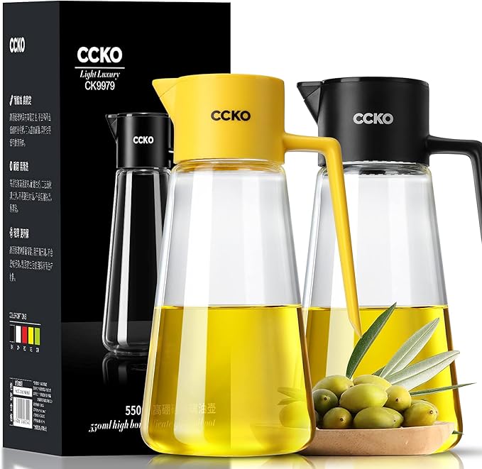 CCKO Olive Oil Dispenser Bottle 19oz Glass Oil Bottle for Kitchen Cooking,Auto Flip Drip Free Cooking Oil Dispenser,Suitable for Soy Sauce,Syrup,Vinegar,Salad Dressing Container (Yellow)