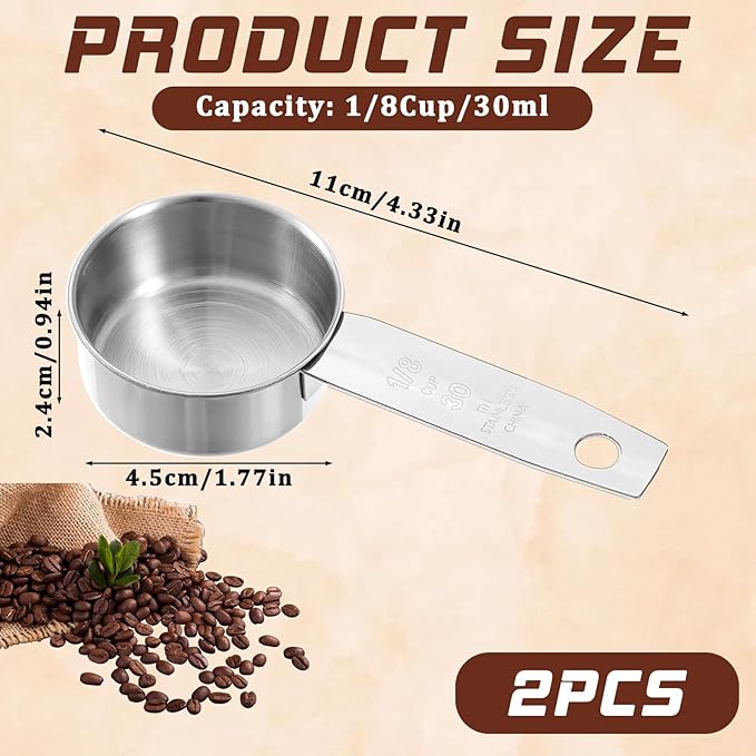 2 Pcs 1/8 Cup (30ml, 1oz) Measuring Cup, Stainless Steel Measuring Scoop Coffee Scoops Small Metal Measure Cups Tablespoon for Wet and Dry Ingredients, Metric and US Measurement, Dishwasher Safe