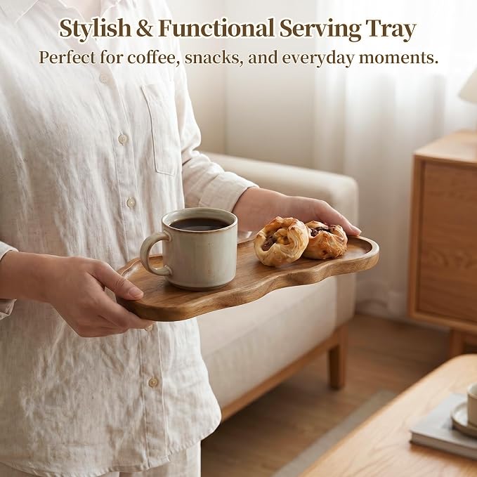 Small Wooden Tray | Acacia Wood Tray for Vanity, Bathroom Counter, Coffee Table & Toilet | Perfect for Jewelry, Remote, Perfumes & Catch All | Mini Charcuterie Board Serving Platter (Footprint Shape)