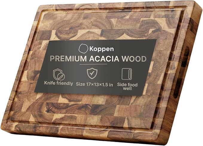 Koppen Acacia Wood End Grain Cutting Board, Knife-Friendly Butcher Block with Juice Groove, Inner Handles, Food Well, Reversible Heavy-Duty Serving & Chopping Board, Gift Box Included, 17 x 13 x 1.5in