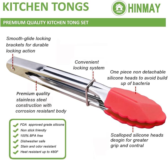 HINMAY Small Tongs with Silicone Tips 7 Inch Kitchen Tongs, Set of 3 (Red)