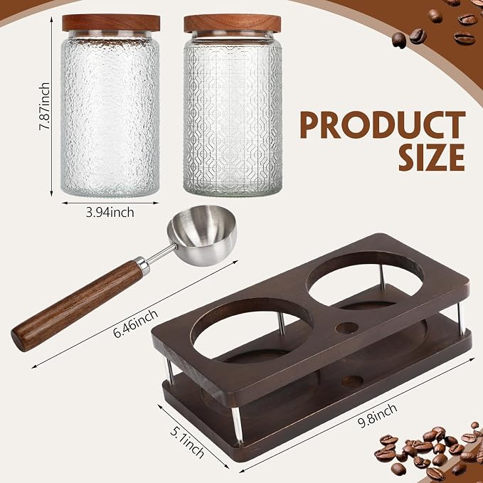 Suclain Glass Coffee Grounds Container with Shelf 2 x 34 oz Glass Coffee Bean Storage Canisters with Airtight Thread Lid and Measuring Spoon Food Storage Jars for Kitchen Sugar(Classic Style)