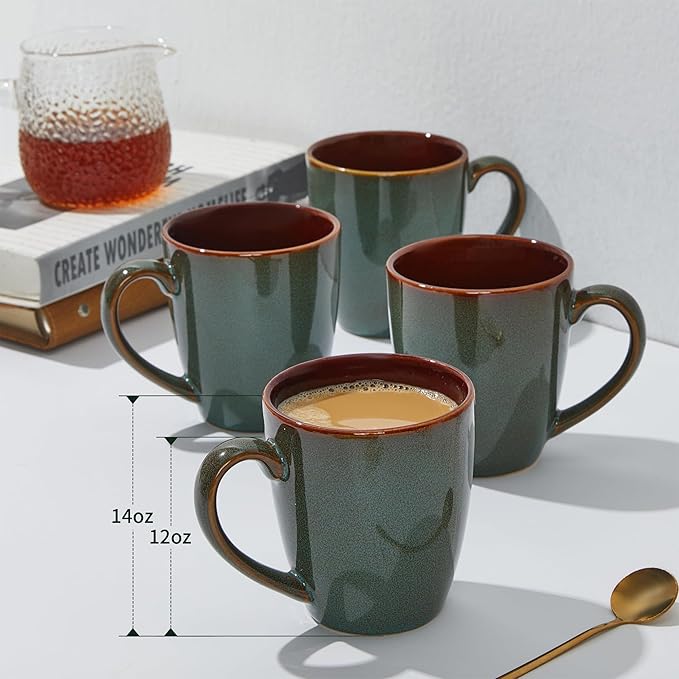 Pokini Coffee Mug 14 oz, Ceramic Coffee Mugs Set of 6, Reactive Glaze Mug for Latte/Tea/Cappuccino, Large Stackable Mug Set for Men, Women, Dad, Mom, Dishwasher & Microwave Safe, Brown Green