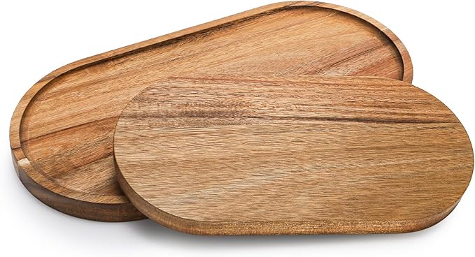 Elsjoy Set of 2 Acacia Wood Serving Trays, Long Wooden Serving Platter Oval Charcuterie Board Set for Home Decor, Fruit, Cheese, 𝟏𝟒" 𝐱𝟕" 𝐚𝐧𝐝 𝟏𝟏" 𝐱𝟓.𝟓"
