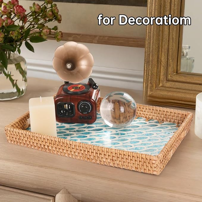 Rectangle Rattan Tray with Mother of Pearl Inlay, Rattan Serving Tray with Handle for Coffee, Bread, Fruits, Snacks, Decorative Wicker Tray for Table Decor (Rectangle Turquoise Fish, 13"×9")