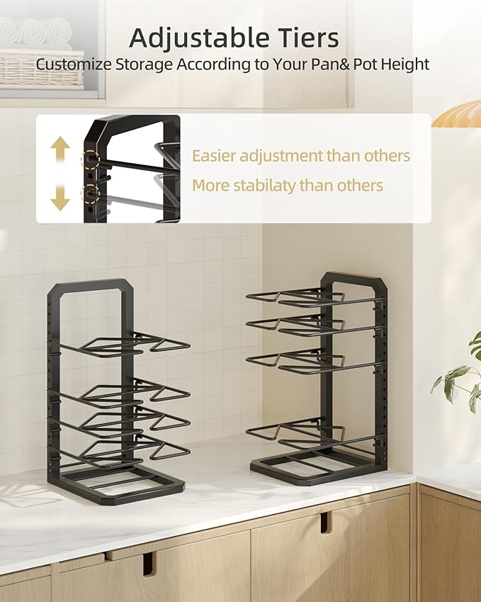 Pots and Pans Organizer under Cabinet, 5 Adjustable Tiers Heavy-Duty Pan Pot Organizer with 16.5" Height, Holds 55 LB - Cast Iron Skillets, Griddles, Shallow Cookware