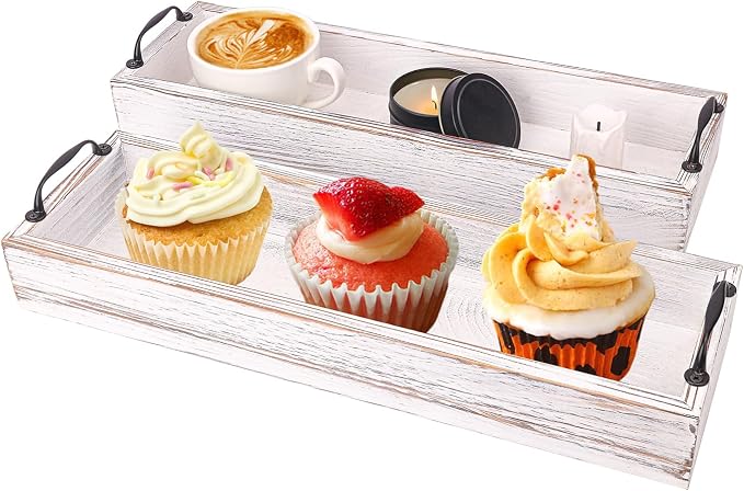 2 PCS 16 Inch Rustic Wooden Serving Trays with Metal Handles, Versatile Rectangular Wood Ottoman Tray for Living Room and Dining Table Centerpiece Decor, Home Decor, Coffee Table, Office