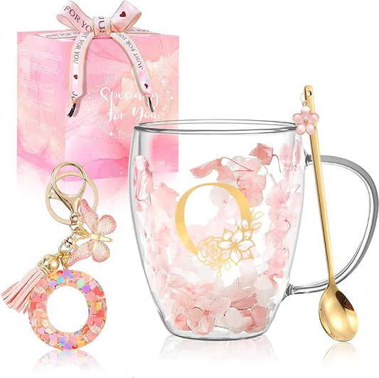 Personalized Gifts for Women Cute Monogrammed Double Wall Glass Coffee Mug Tea Cup with Spoon Customized Bridesmaid Bride Wedding Gifts Christmas Birthday Gifts for Mom Wife Friend Sister Coworker (O)
