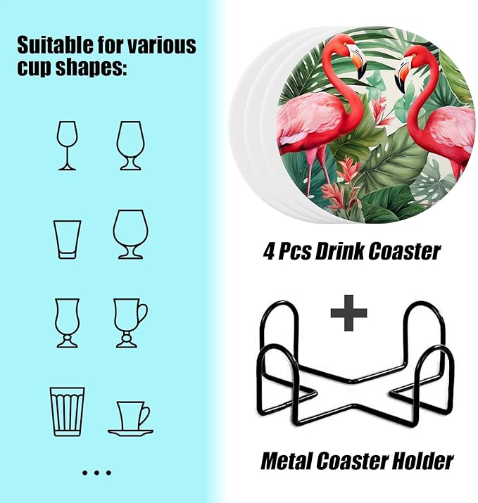 Tropical Flamingo Bird Palm Tree Leaves Watercolor Exquisite Set of 4 Ceramic Coasters with Holder,Absorbent Drink Bar Coasters,Table Coasters