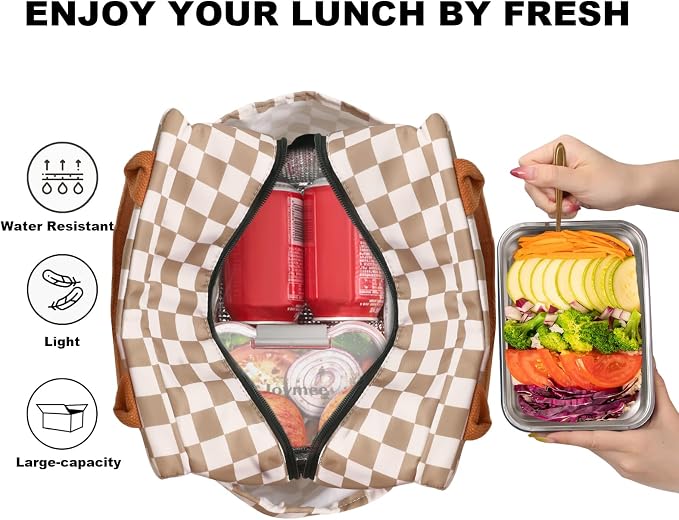 Joymee Lunch Bag Women, Reusable Leakproof Cooler Tote - Checker Brown | Spacious Storage, Bottle Holder & Pockets, Leakproof Insulated, for Work, Travel, Picnic, Daily Use, for Adult