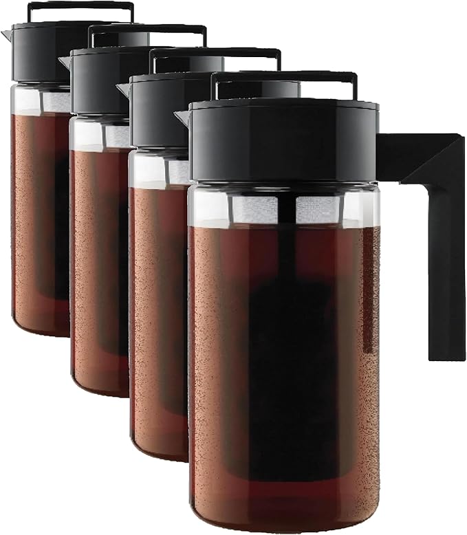 Takeya Deluxe Cold Brew Coffee Maker-BPA-Free Tritan Pitcher with Airtight Leakproof Lid,Silicone Grip Handle, Fine-Mesh Filter-Shatter-Proof, Dishwasher Safe, Made in USA-1 Quart/Black (Pack of 4)