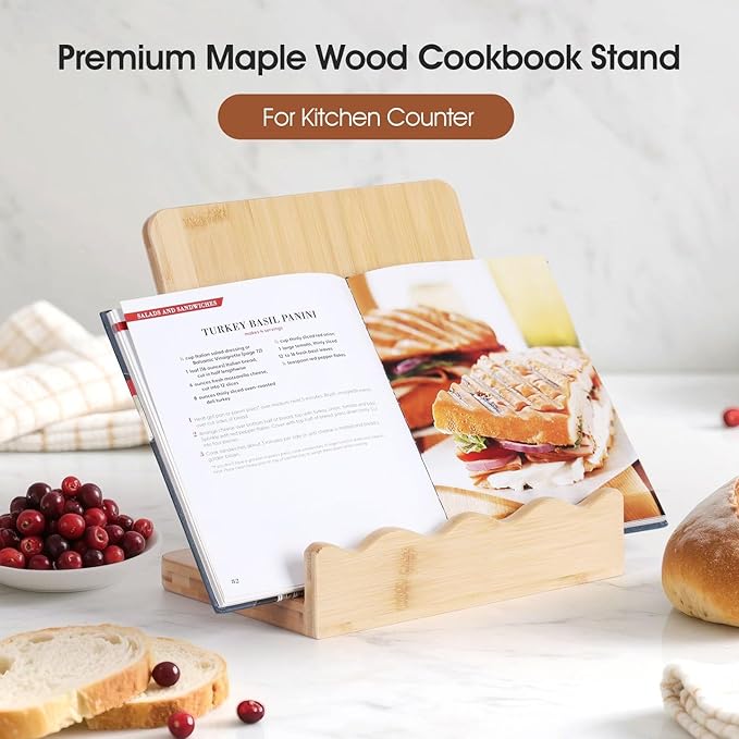 Scalloped Wooden Cookbook Stand with Removable Cutting Board – Adjustable Recipe Book Holder, Charcuterie Board & Kitchen Serving Tray – Kitchen Counte Decor/Bamboo
